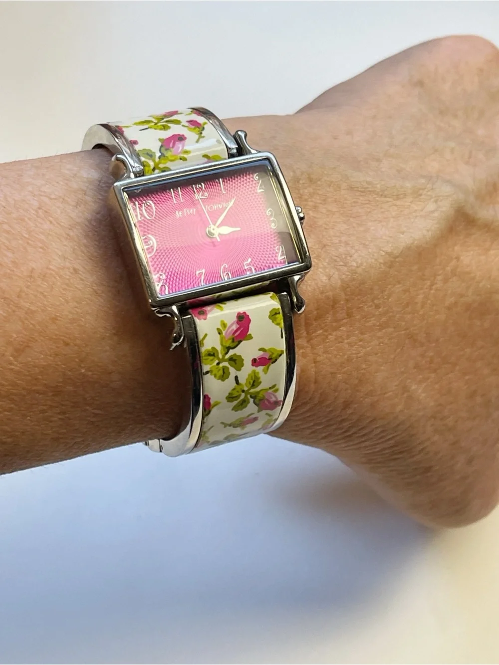 Y2K Betsey Johnson rosebud floral watch with a square hot-pink textured dial